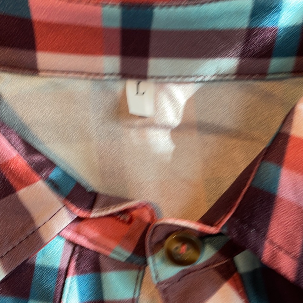 Large orange and teal plaid button-up. - Picture 3 of 4